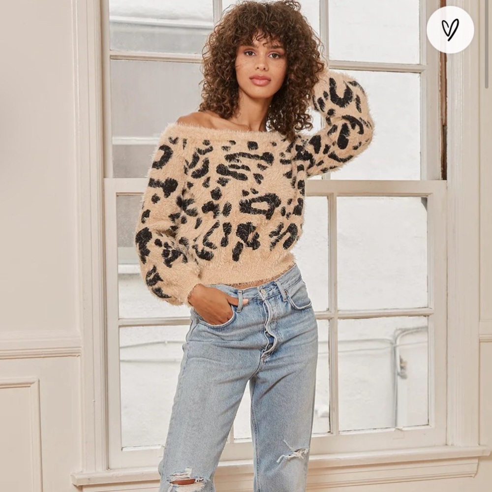 Lulus “Earn Your Spots” Fuzzy Leopard Cheetah Print Off-The-Shoulder sweater